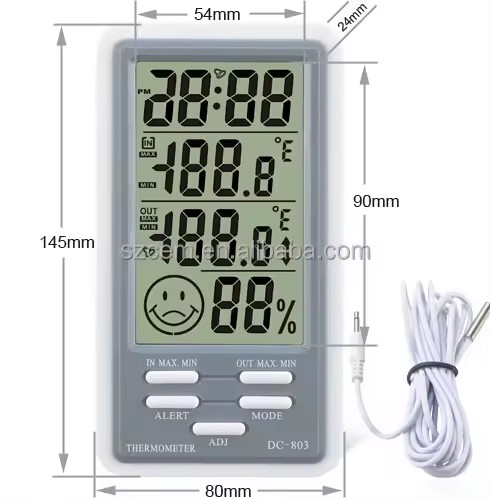 Nhiệt kế ẩm kế Thời gian báo động Ngày kiểm tra độ ẩm Màn hình LCD DC803